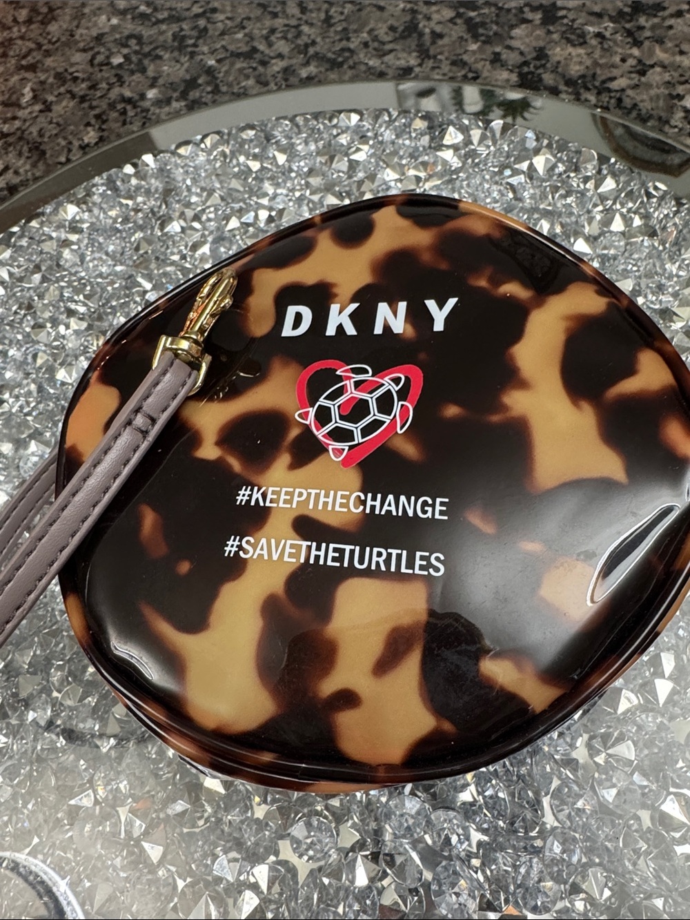 DKNY Tortoiseshell Glossy Logo bag charm wristlet with Red Heart save the Turtle